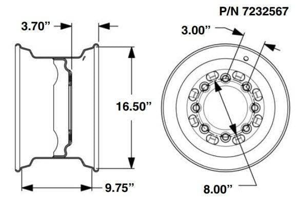 Genuine Bobcat Wheel Rim, 16.5 x 9.75, 7232567, showing the measurements.