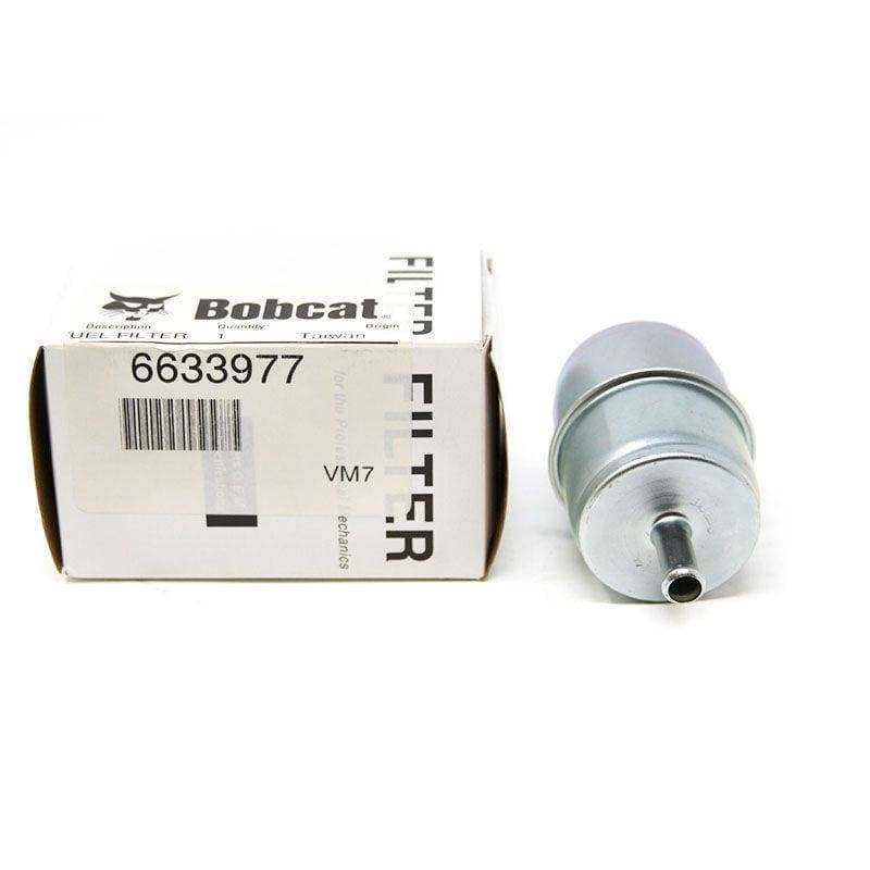 Genuine Bobcat In-Line Fuel Filter, 6633977, showing the open end and packaging.