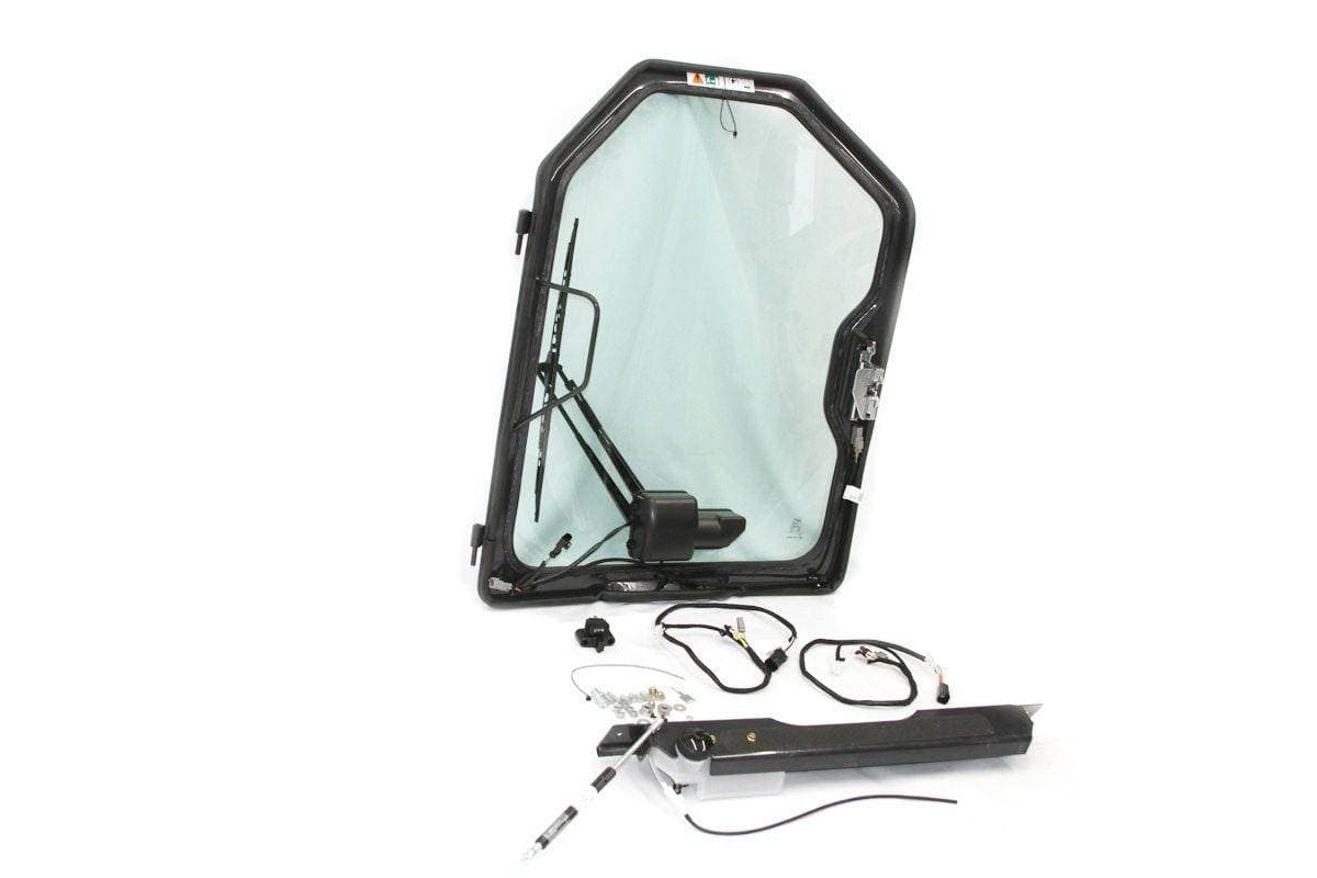Genuine Bobcat Cab Door, 6730822 showing all parts included in the kit including wiper arm, wiper motor, harnesses, and hardware