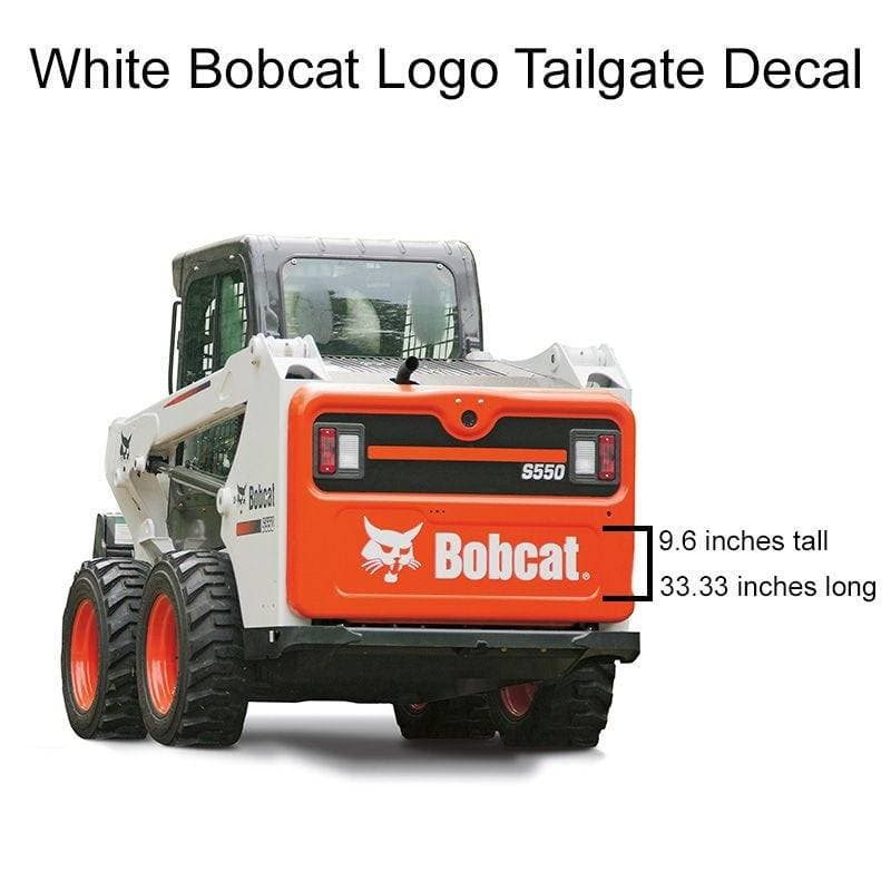 Genuine Bobcat white logo tailgate decal shown with measurement details.