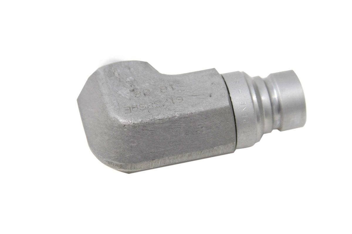 Genuine Bobcat Male 90 Degree Flat Faced Coupler, 7246796 showing 90 degree bend and manufacturer markings.