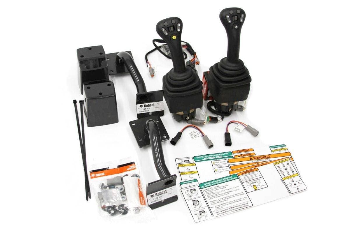 Genuine Bobcat Joystick Kit, 7126558 showing the right and left joystick, decals, and hardware included in the kit.