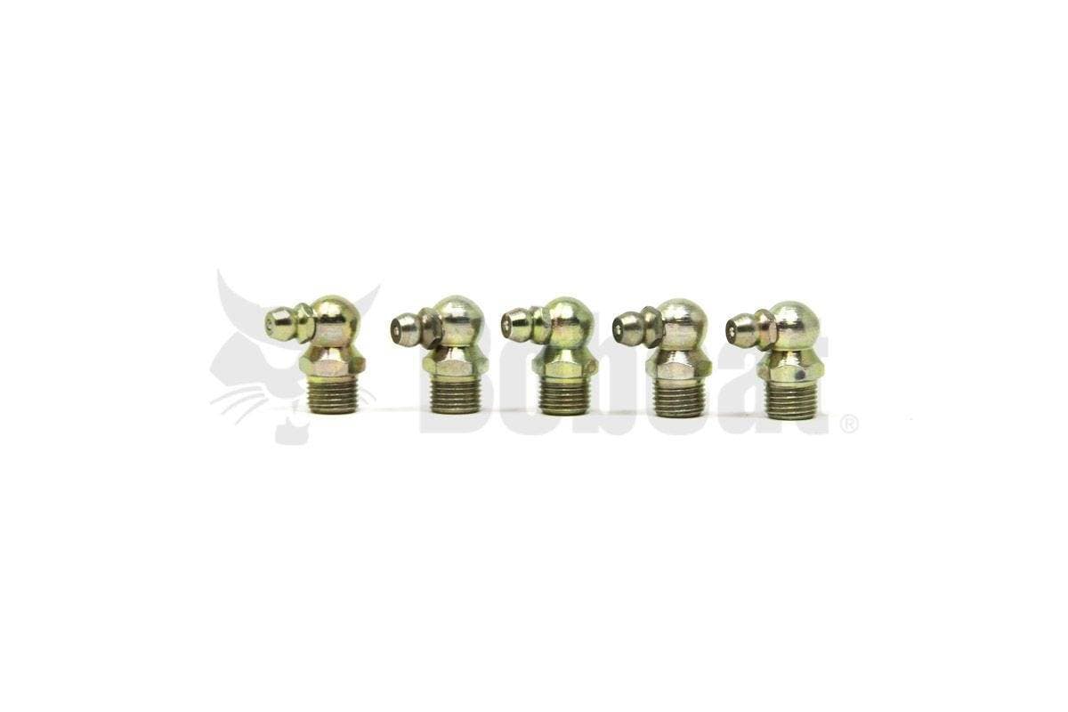 Genuine Bobcat Grease Fitting, 12H15, shown in a row of 5, showing the 90 degree angle.